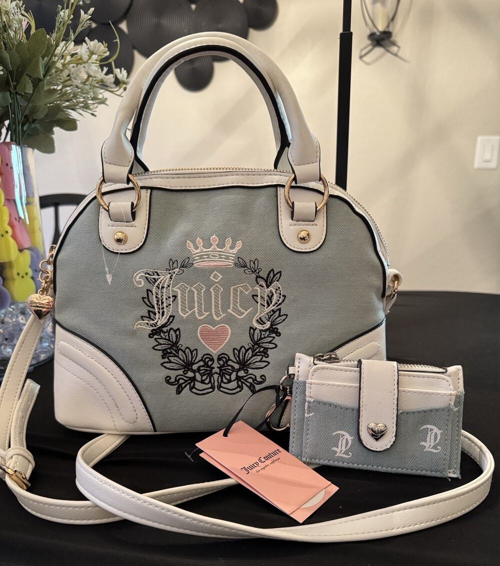 NWT Juicy Couture Denim Heritage Satchel Bag With Matching Card Case Wallet